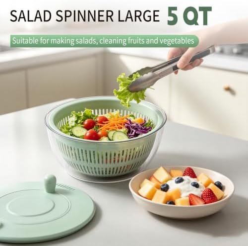Salad Spinner Large 5.2Qt with 5 Blades Slicer, Vegetables Fruits Wash Bowl