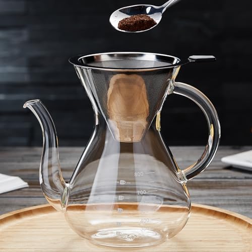 Pour Over Coffee Maker with Double Stainless Filter 27 fl oz, Thickened Heat-Resistant Borosilicate Glass Pour Over Coffee Dripper, Stovetop Safe