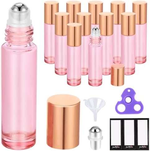 PrettyCare 12 Pack, 10 ml Essential Oil Roller Bottles with Stainless Steel Roller Ball - Refillable Leak-proof Empty Thick Pink Glass Roll on Bottles with Metal Caps for Travel, Perfume by PrettyCare