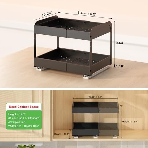 Expandable Pull Out Drawers For Shallow Cabinets, 2-Tier Slide Out No Drill Adhesive Kitchen Cabinet Organzier, Adjustable Roll Out Sliding Shelf For Short Upper Cabinet Pantry