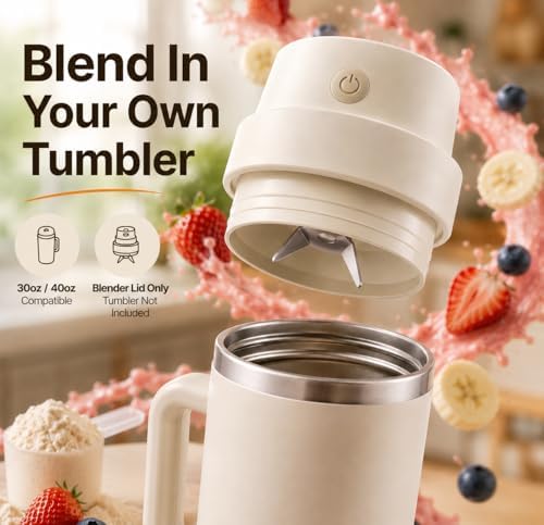 Richboyz Personal Size Blender Lid for 30oz & 40oz Wide Mouth Tumblers: Rechargeable Portable Smoothie Mixer for Protein Shakes, Gym & Travel - Image 2