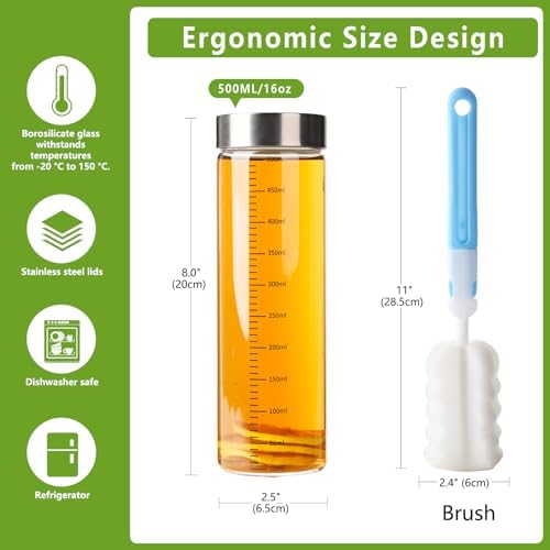 4 Pack 16 oz Glass Juice Bottles with Stainless Steel Lids Wide Mouth Borosilicate Glass Shaker bottle for Juicing, Protein, Smoothies, Reusable, Leak Proof, Dishwasher Safe Glass Water Bottles