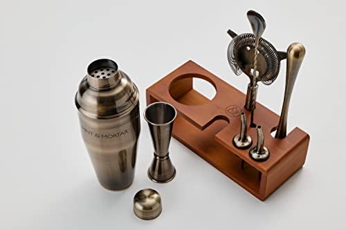 Cocktail Shaker Set, 7-Piece Stainless Steel Bartender Kit with Bamboo Stand, 24 oz Cobbler Shaker and Home Bar Tools, Brushed Gold