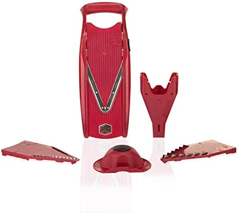 Swissmar VPower V-Slicer Mandoline – Professional Kitchen Tool with Adjustable Thickness – Precision Food Slicer for Vegetables, Julienne & Shredding – Includes Safety Holder & Inserts - Red