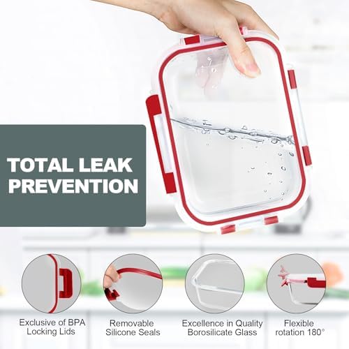 10 PACK Glass Meal Prep Containers Set with Lids, Red