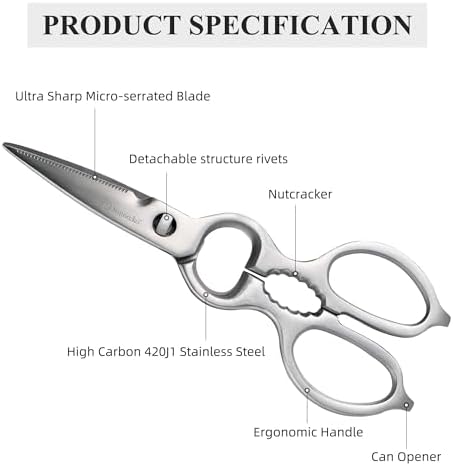 Heavy Duty Kitchen Scissors - Stainless Steel Kitchen Shears, Ultra Sharp Micro Serrated Poultry Shears, Cooking Scissors for Meat, Dishwasher Safe