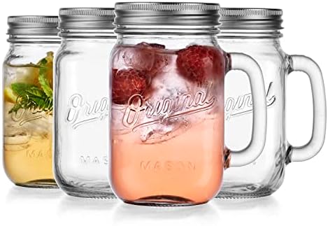Mason Jar 16 Oz. Glass Mugs with Handle and Lid Set Of 4 - Home Essentials & Beyond - Old Fashioned Drinking Glass Bottles Original Mason Jar Pint Sized Cup Set.