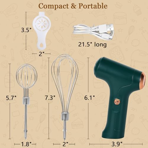Cordless Hand Mixer, Handheld Electric Whisk with 3 Speed Modes, Hand Held Egg Beater with 2 Detachable Stir Whisks (Green) - Image 6