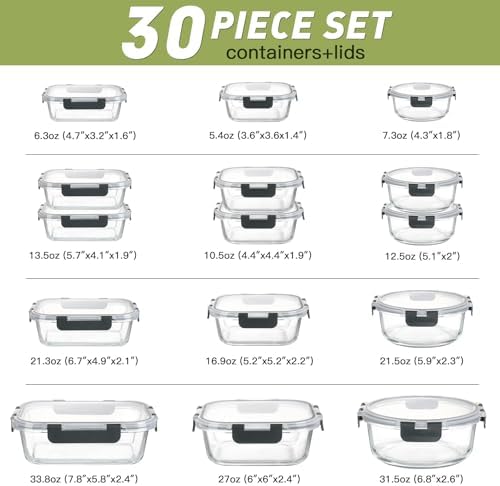 30 Piece Glass Food Storage Containers Set, Glass Meal Prep Containers with Lids, Airtight Lunch Box, BPA-Free, Microwave, Freezer & Dishwasher Safe