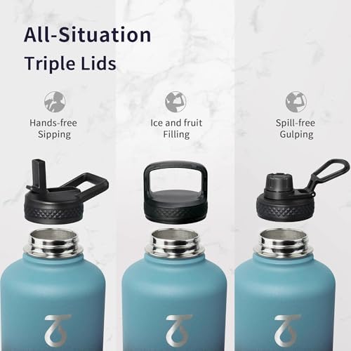 64 oz Water Bottle Stainless Steel with 3 Lids, Paracord Handle & Bag