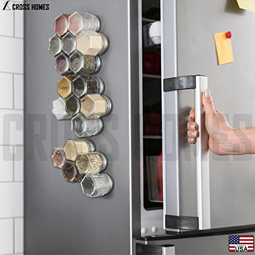20 Pack Magnetic Spice Jars for Refrigerator, Hexagon Glass Magnetic Spice Jar with Shaker Lids Label for Kitchen RV Travel Trailer Boat, Magnet Seasoning Containers for Fridge Cabinet Wall mount Rack