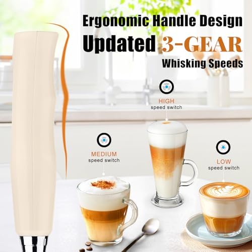 Beige Milk Frother Wand for Coffee, Frother Handheld Rechargeable Electric Whisk with 3 Heads 3 Speeds Drink Mixer Coffee Frother Foam Maker For Latte, Cappuccino, Hot Chocolate, Egg