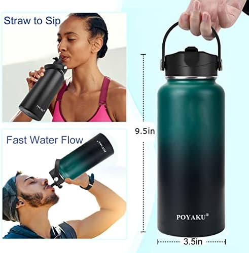 Water Bottle Insulated 32oz 40oz 64oz 128oz Straw Lid Spout Lid & 3 Lids, Leak Proof, Vacuum Insulated,Stainless Steel Water Bottle Wide Mouth for Sports, Gym or Office