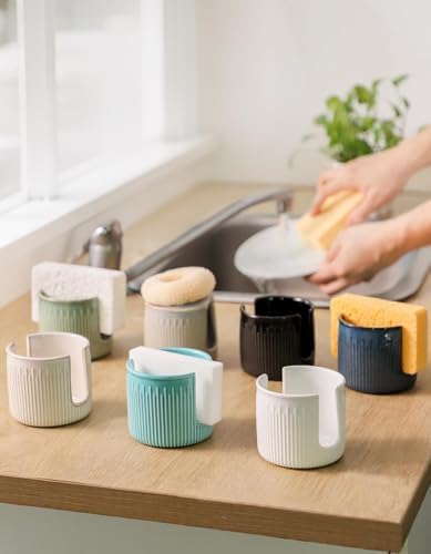 Ceramic Sponge Holder for Kitchen Sink, Scrub Sponge Dish Rack, Farmhouse Compact Sink Caddy Organizer, Glazed Blue