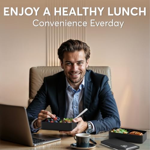 Bento Box Adult All-In-1 w/4 Utensils, Big Sauce Jar, 2 Dividers, 100% Leakproof, Microwave & Dishwasher Safe, Stackable Bento Lunch Box Containers for Men/Women, Matte Black, 40 oz
