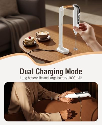Milk Frother Handheld: LED & Wireless Charge, 3 Heads 3 Speeds -Cloud White - Image 5