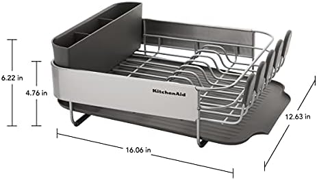 KitchenAid Compact, Space Saving Rust Resistant Dish Rack, with Angled Self Draining Drain Board and Removable Flatware Caddy, 16.06-Inch, Gray