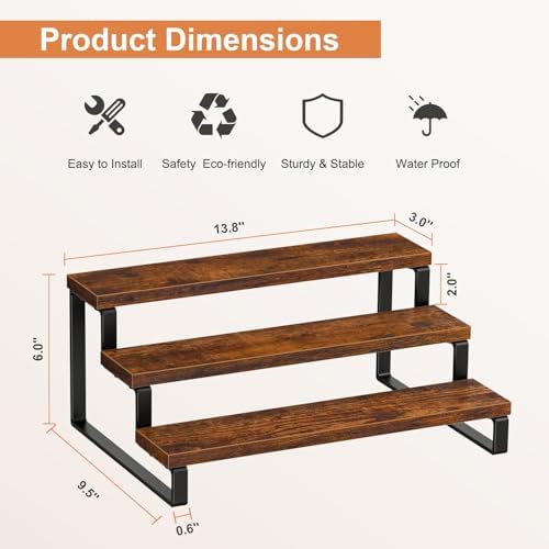 3-Tier Spice Rack, 13.8 Inch Wood Countertop Spice Storage Holder, Kitchen Pantry Cabinet Organizer Cupboard for Spice Bottles, Jars, Seasonings, Baking Supplies, Metal Frame(Set of 2)