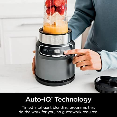 Ninja BN400 Nutri Pro Compact Personal Blender, Auto-iQ Technology, 1000-Watts, for Frozen Drinks, Smoothies, Sauces & More, with 18-oz. & 24-oz. To-Go Cups & Spout Lids, Stone Silver (Renewed) - Image 2