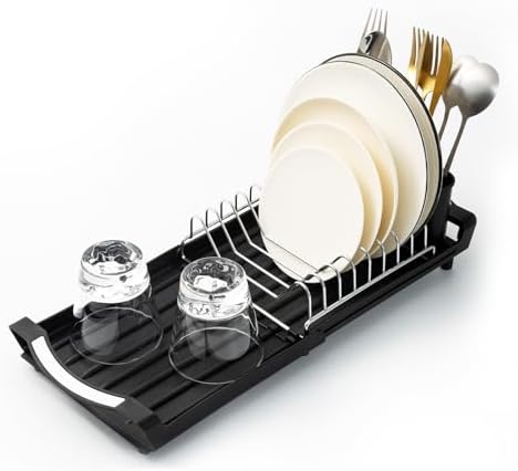 Extendable Dish Drying Rack, Stainless Steel, Over Sink or Counter, with Utensil Holder