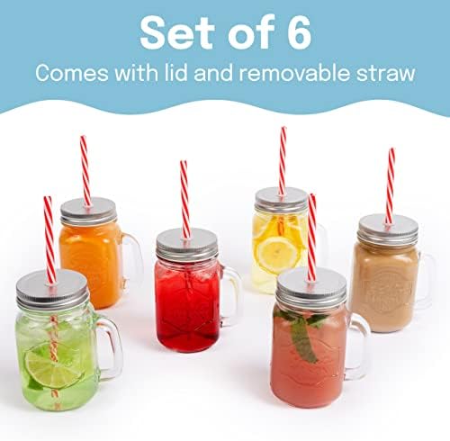 Glass Mason Jars with Handles, Lid and Straw 16 oz | Drinking Glasses Cups Mug Set for Iced Coffee, Tea & Smoothie - Set of 6