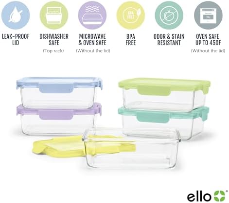 Color Lock 5 Cup Glass Meal Prep Containers & Lids, 5 Pack,Purple Rain