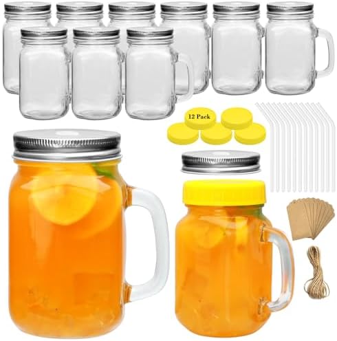 16oz Mason Jars with Handle, Glass Mugs with Straws and Lids 12 Pack