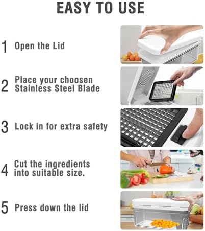 Food Chopper with Container, Veggie Chopper and Vegetable Chopper with 7 Stainless Steel Blades, Onion Chopper Dicer Cutter for Potato, Carrot, Garlic, Cubumber, Salad Meal Prep