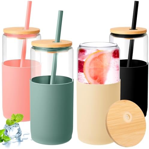 4 Pack 20 oz Glass Tumbler, Olive, Amber, Black, Pink