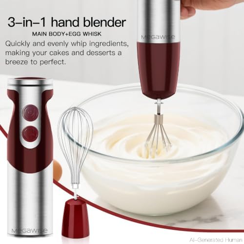 MEGAWISE Immersion Hand Blender 3-in-1, 12-Speed Stick Blender with Turbo, Egg Whisk & Milk Frother for Soups, Sauces, Smoothies and Baby Food, Red - Image 3