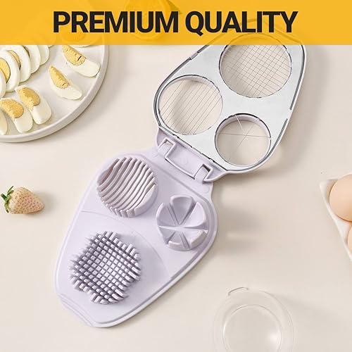 3-in-1 Egg Slicer for Hard Boiled Eggs, Stainless Steel Egg Cutter with 3 Slicing Styles, Heavy Duty Kitchen Tool for Eggs, Strawberries, Mushrooms, Kiwi & Soft Fruits