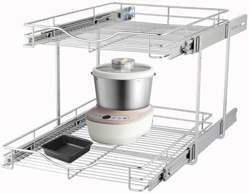 2 Tier Pull Out Cabinet Organizer (17" W X 21" D), Double Tier Wire Basket Slide Out Shelf Storage for Kitchen Base Cabinet, Chrome Finish