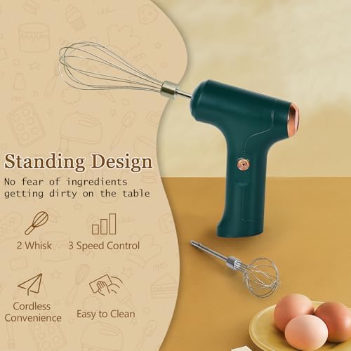 Cordless Hand Mixer, Handheld Electric Whisk with 3 Speed Modes, Hand Held Egg Beater with 2 Detachable Stir Whisks (Green) - Image 2