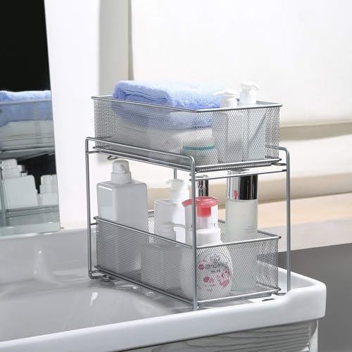 2 Tier Sliding Basket Stackable Cabinet Pull-Out Drawer Mesh Organizer for Kitchen Under Sink Storage (Silver)
