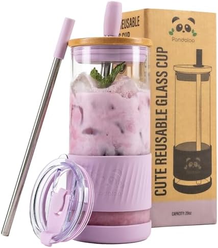 Glass Cups With Lids and Straws -20 Fl Oz- Perfect Size Iced Coffee Cup - Smoothie Cup With Bamboo Lid and On the go Lid - Glass Tumbler With Straw (1 Count (Pack of 1), Lilac Rhapsody)