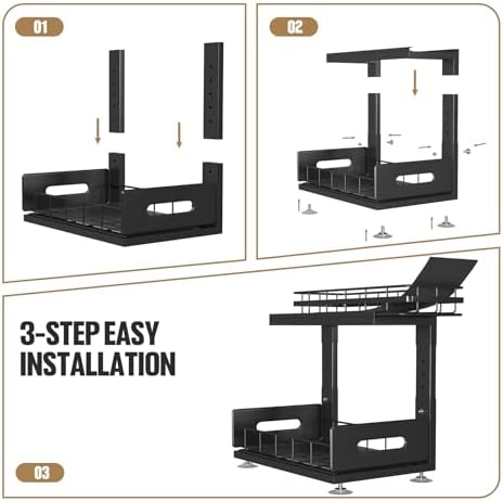 Under Sink Organizer Upgrade To Professional Rails,2-Tier Dual Pull Out Cabinet Storage,Height Adjustable Slide Out Drawers For Bathroom Kitchen,2 Pack-14.5" Dx12.8-16.9" H,Black