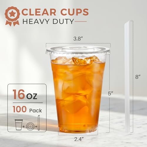 100 Sets - 12oz Clear Plastic Cups with Lids and Straws, Disposable Cups for Iced Coffee, Smoothie, Milkshake, Cold Drinks