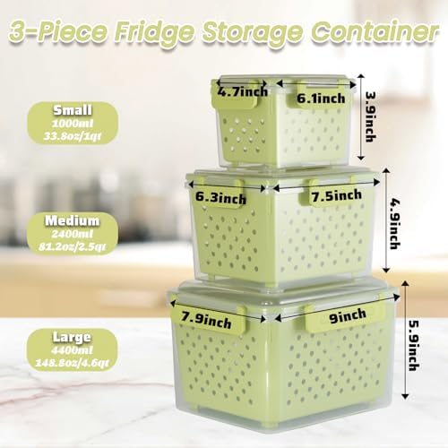 Set of 3 Fruit Storage Containers for Fridge with Removable Colander and Handle Lid, 4.6qt|2.5qt|1qt Dishwasher Microwave Safe, Keep Berry Fresh Longer (Light Green)