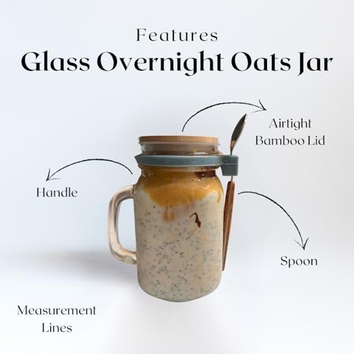 Kaya Commodities Modern Minimalist Overnight Oats Jars (2 Pack, 16 oz, BPA Free, Glass & Bamboo, Leakproof, Microwave & Freezer Safe)