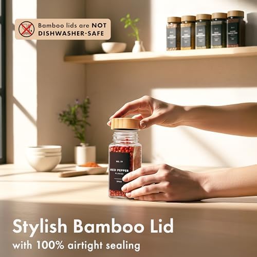 Glass Spice Jars with Label, 24x Bamboo Wooden Lids - Black Labels