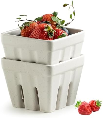 Ceramic Berry Bowl Set of 2 Square Strawberry Basket, Cream White