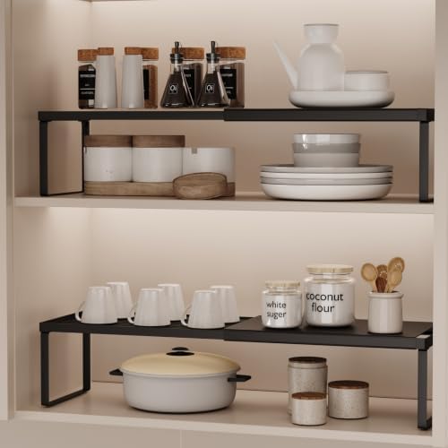 Expandable Cabinet Shelf Organizer, 2 Pack Stackable Kitchen Counter Shelf Riser, Metal Spice Rack Heavy Duty Countertop Organizer Storage for Kitchen, Pantry, Cupboard, Rv (5.9in Height,Black)