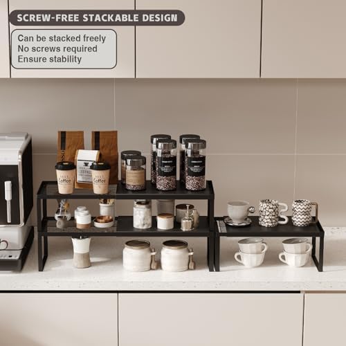 Expandable Cabinet Shelf Organizer, 2 Pack Stackable Kitchen Counter Shelf Riser, Metal Spice Rack Heavy Duty Countertop Organizer Storage for Kitchen, Pantry, Cupboard, Rv (5.9in Height,Black)