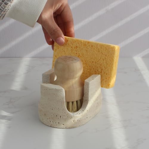 Natural Travertine Marble 2-in-1 Sponge Holder for Kitchen Sink - Heavy Duty Stone Sink Caddy, 2-Slot Scrubber Organizer for Scrub Daddy with Anti-Slip Pads, Housewarming Gift, Beige Travertine