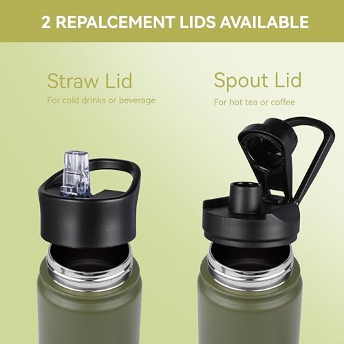 Insulated Water Bottle Kids 16 oz Double Wall Vacuum Stainless Steel Water Bottle Leak Proof for School Wide Mouth with Straw Lid & Spout Lid Keeps Cold and Hot(Army Green,1pack)
