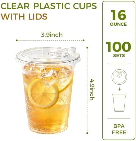 100 Pack 16 oz Clear Plastic Cups with Strawless Sip Lids