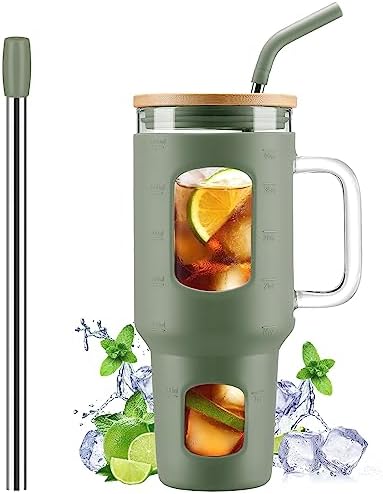 Glass Tumbler with Straw and Lid, 40 oz, Olive