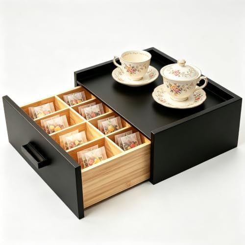 Black Bamboo Tea Bag Organizer Storage Box with Drawer