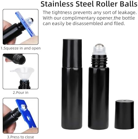10ml Glass Essential Oil Roller Bottle, 24PCS Black Essential Oil Roller Bottles with Stainless Steel Rollers - Refillable, Leak-Proof Design, Suitable for Travel and DIY Skincare Products. - Image 3
