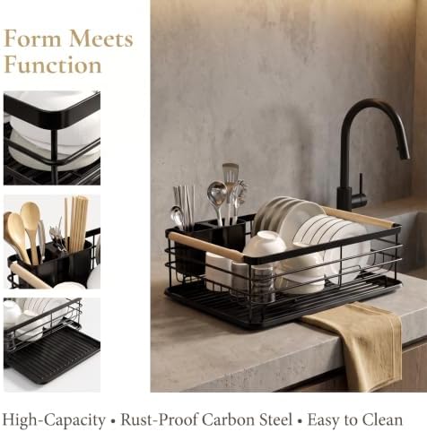 Dish Racks for Kitchen Counter, Thickened Metal Dish Drying Rack with Wooden Handles, Kitchen Countertop Organizer for Dishes, Spoons and Forks, No Assembly, Black, 16.7''*12.6''*5.12''